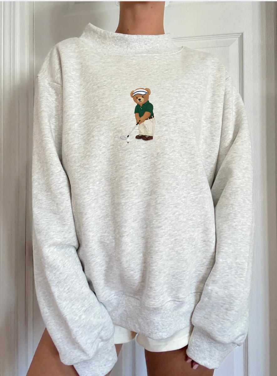 Pearl Grey Classic Teddy Bear Golf Embroider Mockneck Sweatshirt